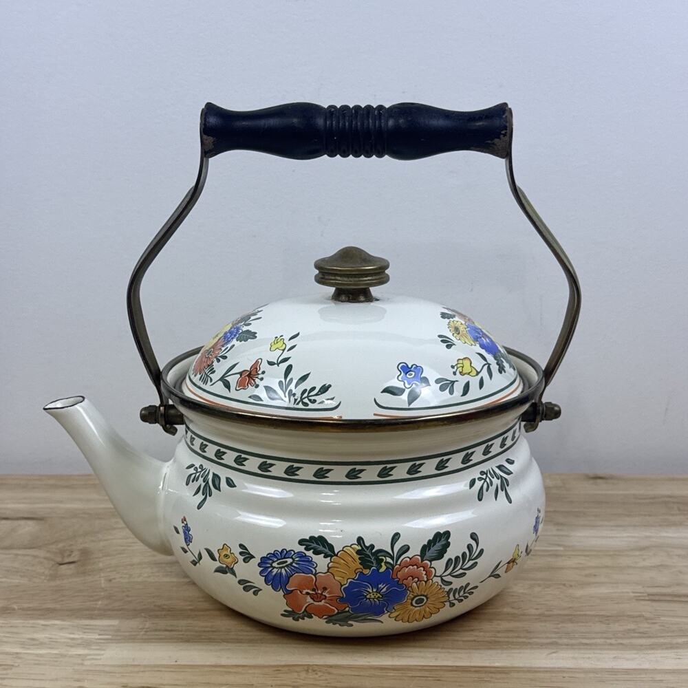 Vtg 1971 M Kamenstein Enamel Tea Kettle Floral Cottagecore Teapot MCMLXXI Taiwan